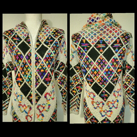 NWT Aztec Tribal BOHO Hooded Cardigan Sweater - Picture 3 of 5